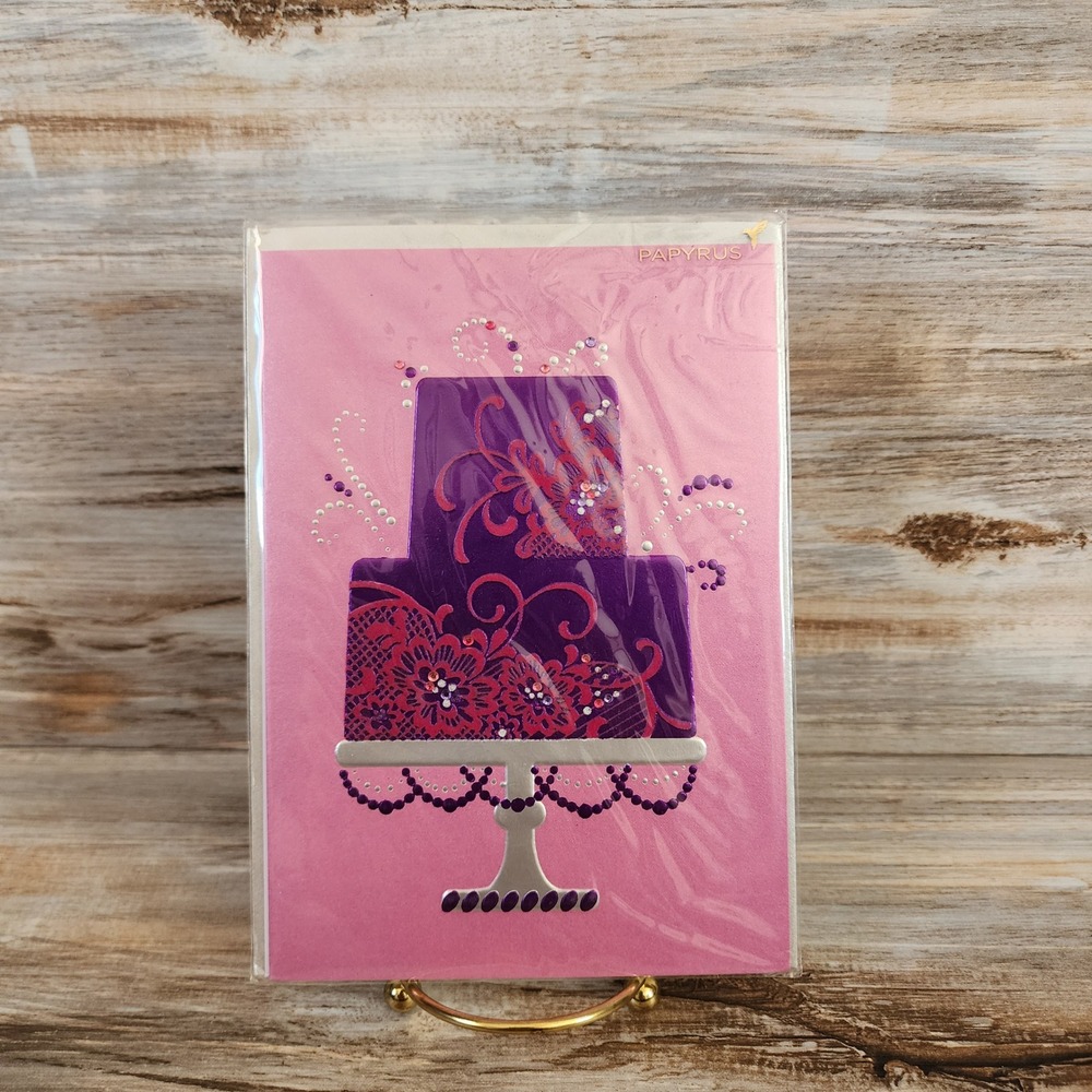 Papyrus Birthday Card Purple Tiered Cake Rhinestones Lace Pink Silver Envelope